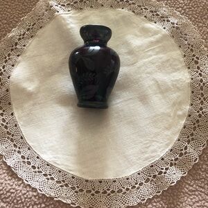 Decorative Dark Purple Glass  Vase With Silver Flower Motif And Beige Dollie
